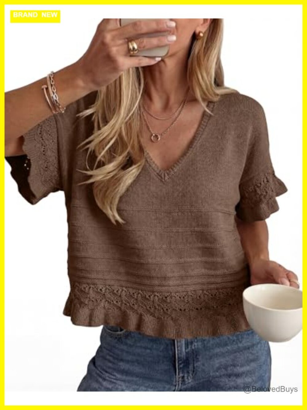 Women Ruffled Short Sleeve Sweater V Neck Ruffle Hem Knit Crochet Pullover